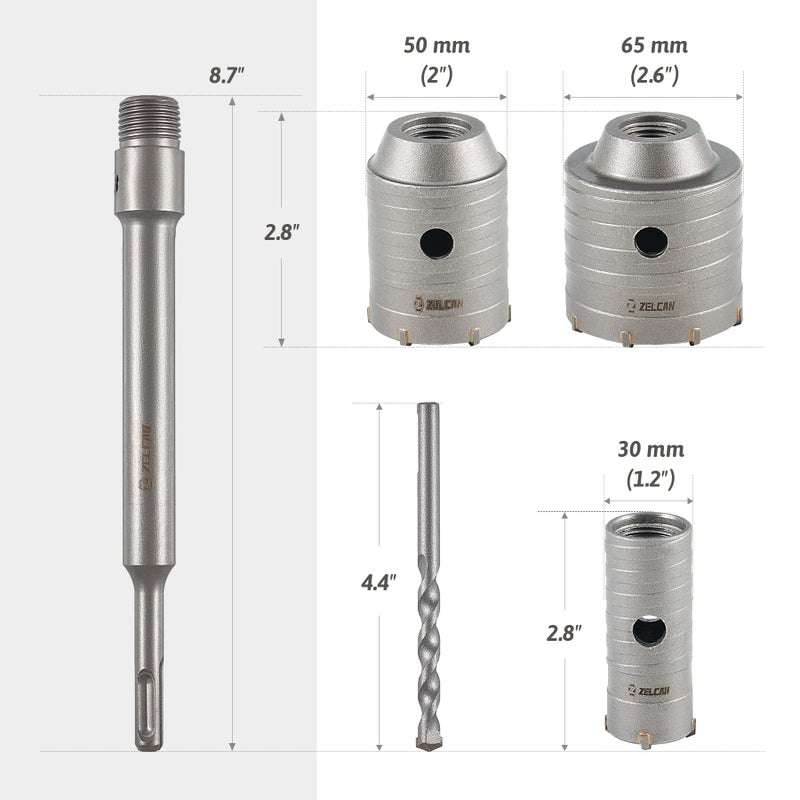 ZELCAN Hole Saw Kit, 4pc Drill Hole Cutter Set with 30 50 65mm Hole Drill Bits for SDS Plus Hammer Drills, Circle Drill Bits Hole Saw Set for Concrete Brick Cement Stone Wall Drilling Home Improvement - Image 3